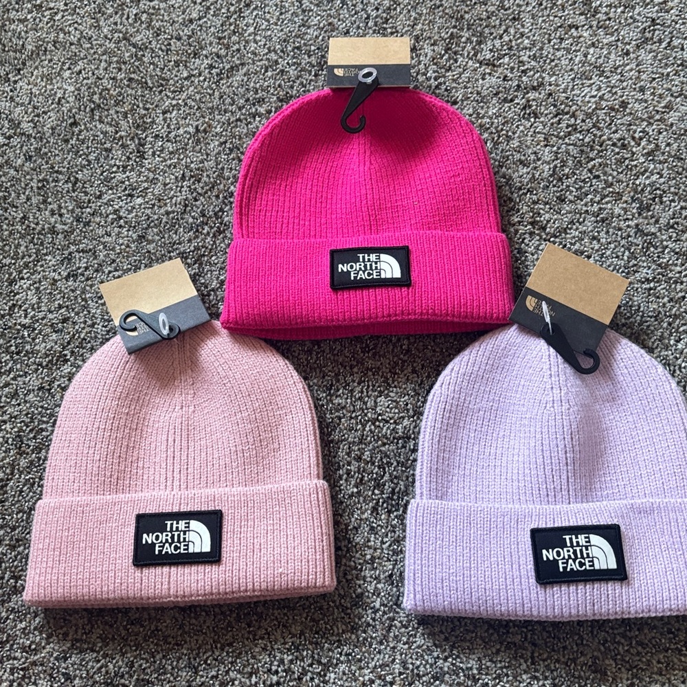 The North Face 3 Beanie Set - lavender , light pink , and hot pink